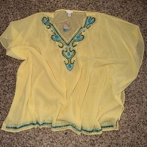 Chico's Yellow Sheer Coverup with Blue Embroidery